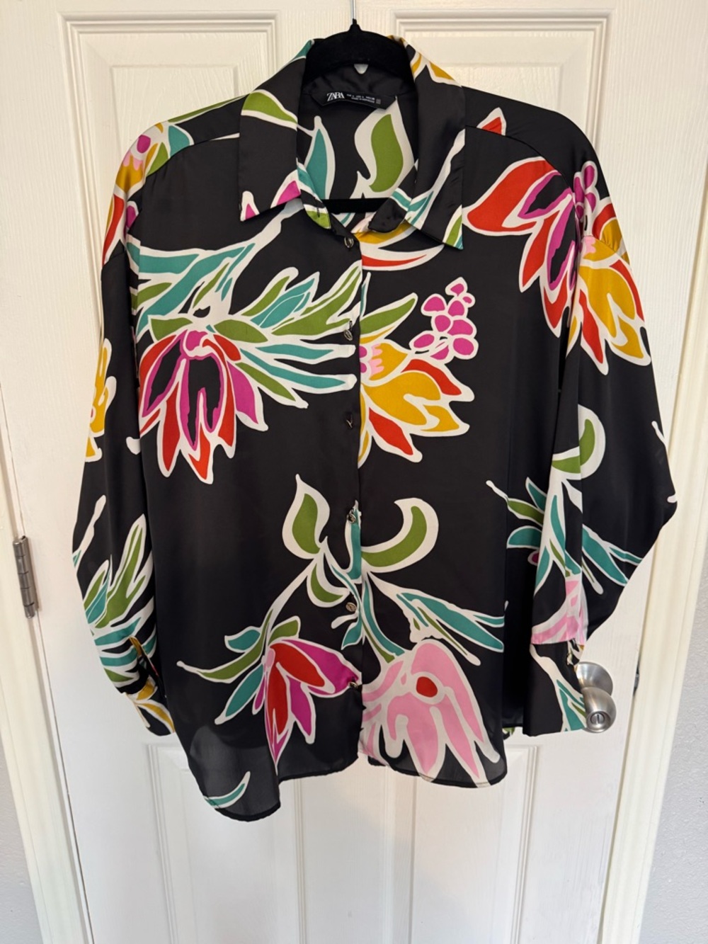 Zara Black Floral Button-Down Blouse with Pink, Green, Yellow and Red Flowers